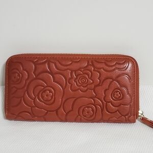 Heshe Rose Embossed Leather Continental Zip Wallet Brown